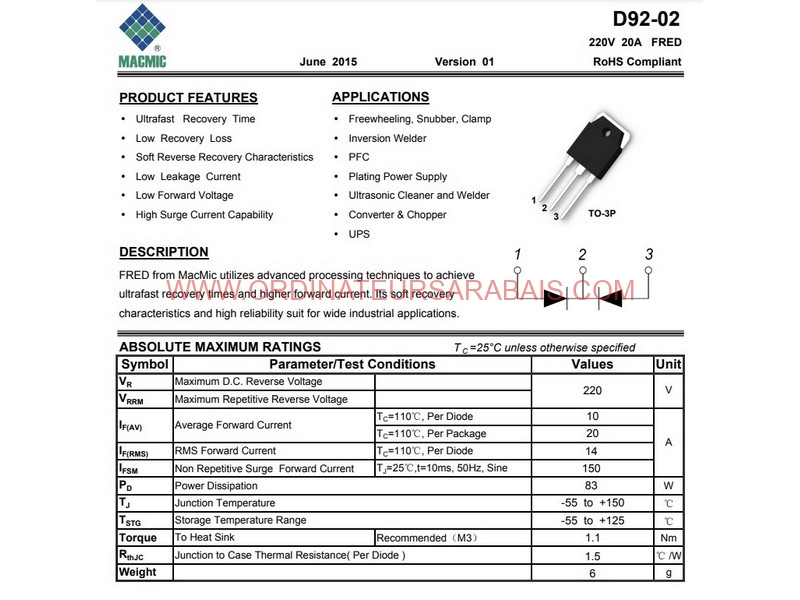 D92-02 220V 20 A Low Loss Super High Speed Rectifier - Diode de récupération rapide pour circuit intégré D92-02 220V 20 A Low Loss Super High Speed Rectifier - Diode de récupération rapide pour circuit intégré