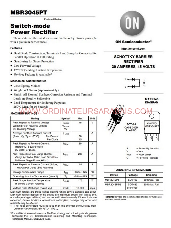 MBR3045PT 45V 30A Dual Schottky Diode Barrier Rectifier  Redresseur à double diode Schottky MBR3045PT 45V 30A Dual Schottky Diode Barrier Rectifier Redresseur à double diode Schottky