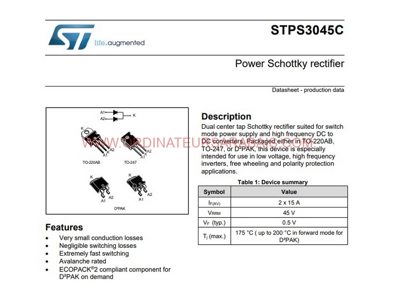 STPS3045CW 45V 15Ax2 Dual Schottky Diode Rectifier | Redresseur à double diode Schottky STPS3045CW 45V 15Ax2 Dual Schottky Diode Rectifier | Redresseur à double diode Schottky