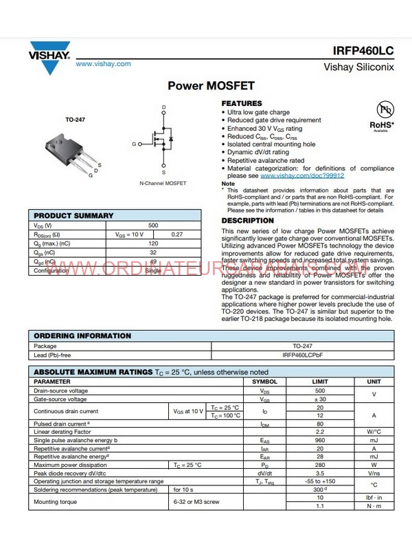IRFP460LC 500V 20A Power MOSFET MOSFET de puissance IRFP460LC 500V 20A Power MOSFET MOSFET de puissance