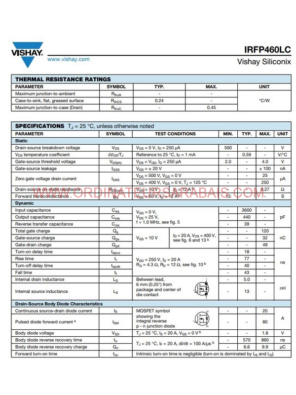 IRFP460LC 500V 20A Power MOSFET MOSFET de puissance