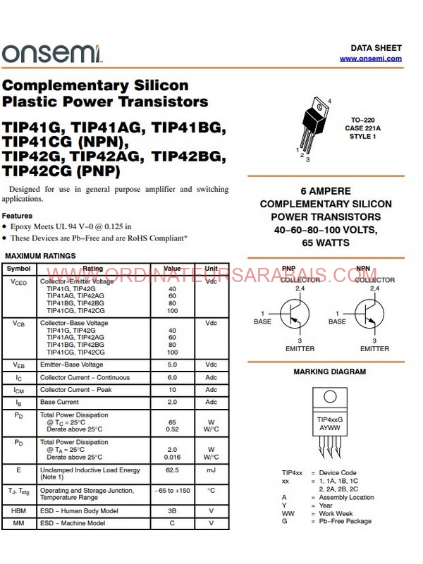 TIP42CG 6A 100V 65 Watts Bipolar Transistor - BJT - Transistor bipolaire