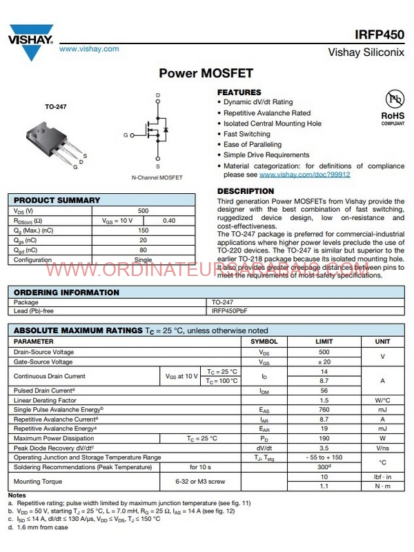 IRFP450 500V 14A Power MOSFET | MOSFET de puissance IRFP450 500V 14A Power MOSFET | MOSFET de puissance