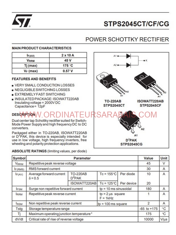 STPS2045CT 45V 10Ax2 Dual Power Schottky Rectifier Redresseur de puissance à double diode Schottky STPS2045CT 45V 10Ax2 Dual Power Schottky Rectifier Redresseur de puissance à double diode Schottky
