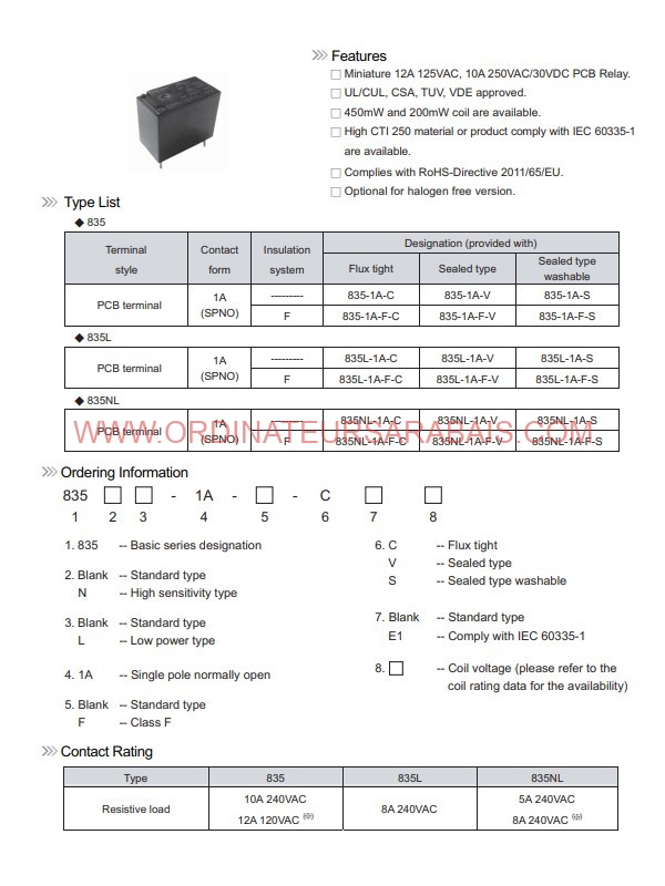 835-1A-B-C 12V DC Relay Relais de puissance 10A 250V 835-1A-B-C 12V DC Relay Relais de puissance 10A 250V