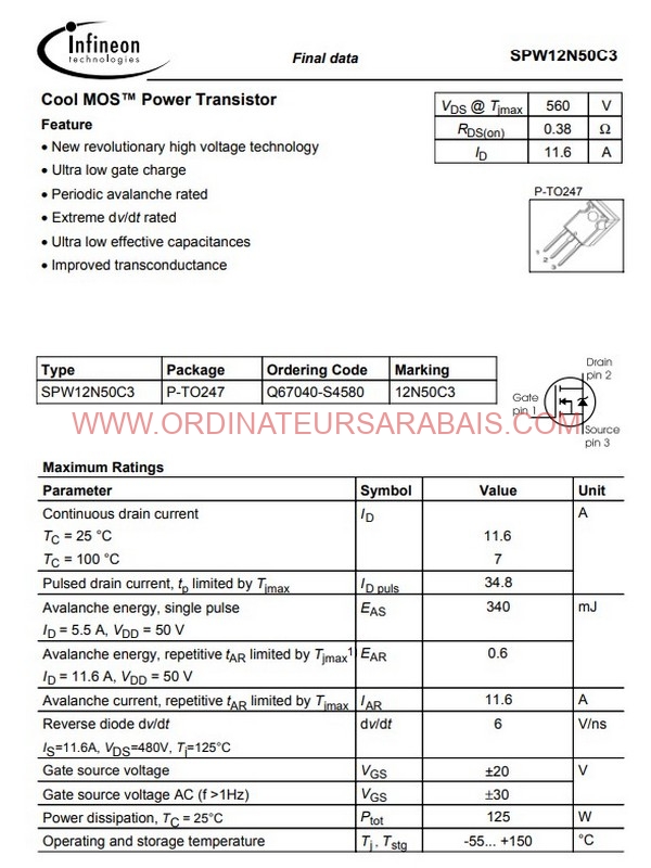 12N50C3 560V 11.6A Power MOSFET | MOSFET de puissance 12N50C3 560V 11.6A Power MOSFET | MOSFET de puissance