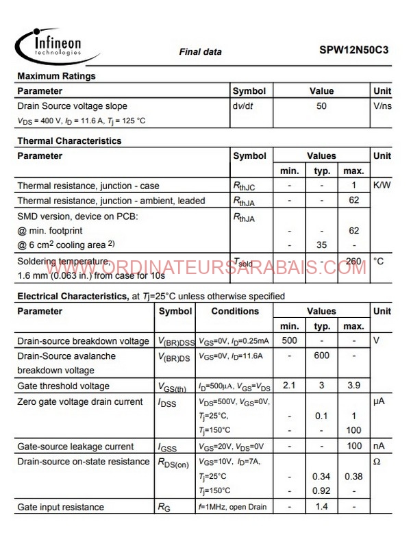 12N50C3 560V 11.6A Power MOSFET | MOSFET de puissance