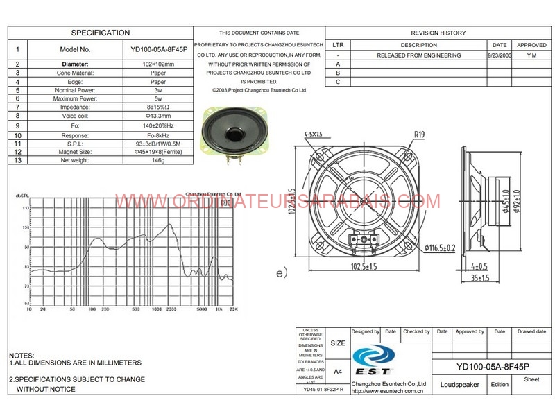 YD100-05A-8F45P 8 Ohms 5 Watts 4 inches Speaker YD100-05A-8F45P 8 Ohms 5 Watts 4 inches Speaker