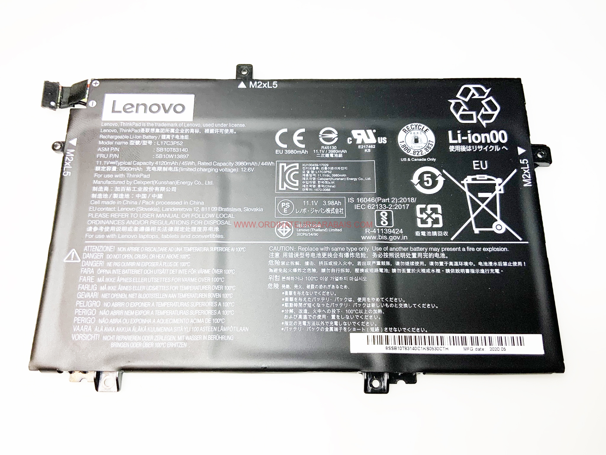 LENOVO L17C3P52 Batterie Li-ion d'origine pour ordinateur portable 11.1V 4120mAh 45 Wh LENOVO L17C3P52 Batterie Li-ion d'origine pour ordinateur portable 11.1V 4120mAh 45 Wh