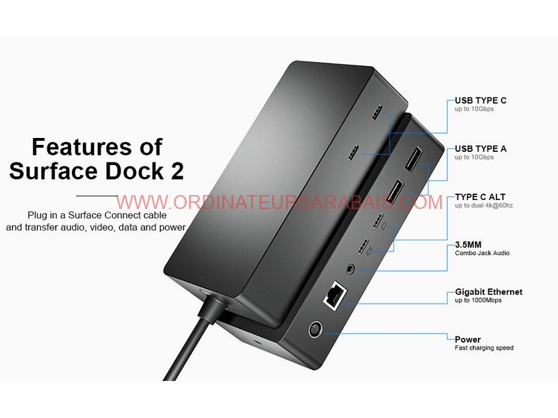 Microsoft Surface Dock 2 USB-C, Ethernet Gigabit, USB-A, Audio 3.5 mm, double 4K à 60 Hz 2 Microsoft Surface Dock 2 USB-C, Ethernet Gigabit, USB-A, Audio 3.5 mm, double 4K à 60 Hz